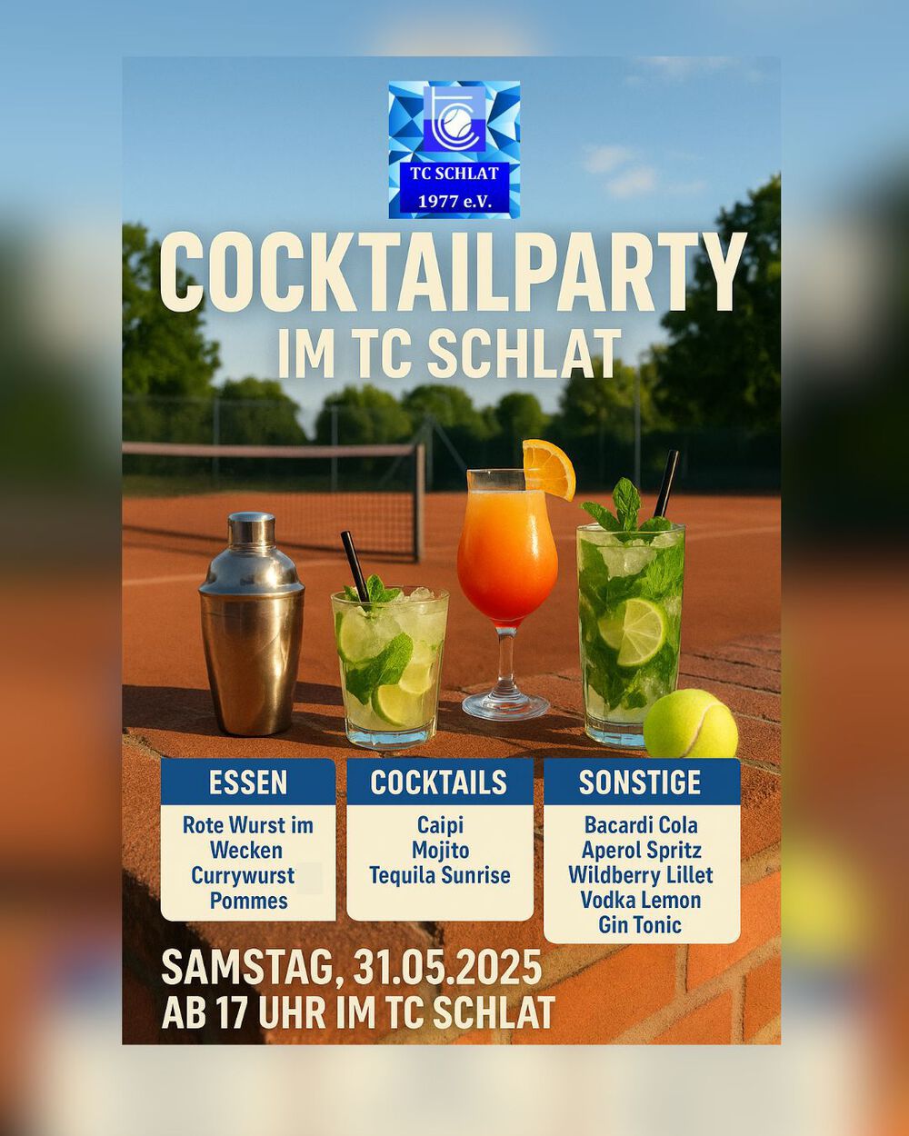 Einladung zur Cocktailparty beim Tennisclub Schlat [Samstag 31.05 ab 17 Uhr]